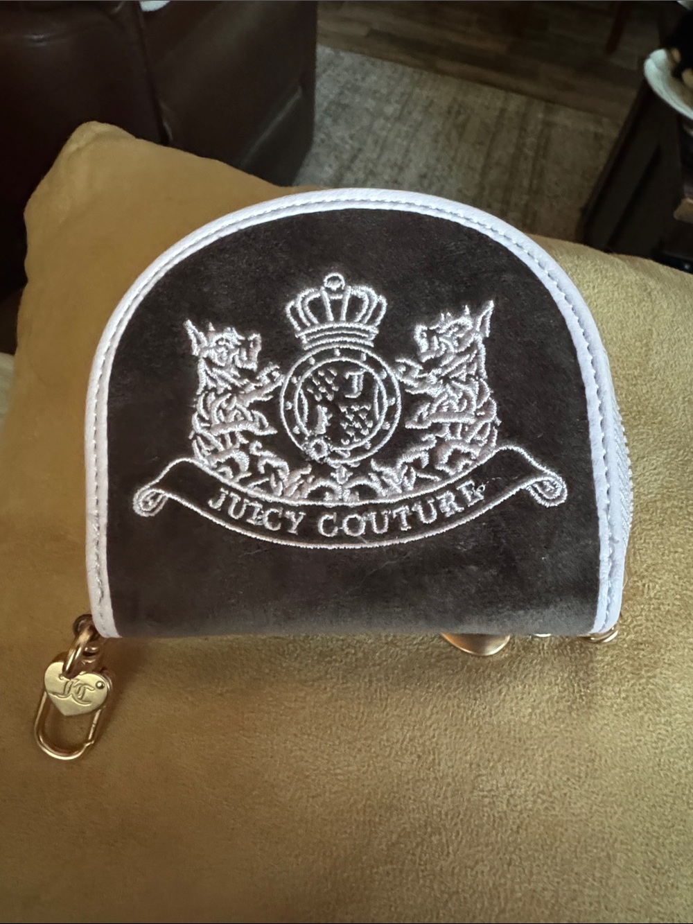 Juicy Couture Brown and Pink Embroidered Crest Coin Pouch